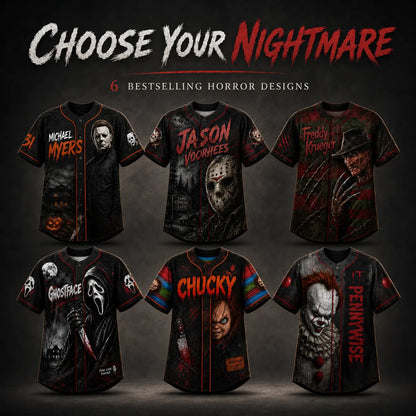 Horror Slasher Baseball Jersey, Classic Horror Movie Characters Shirt, Spooky Squad Halloween Uniform, Halloween party costumes, Halloween Gifts