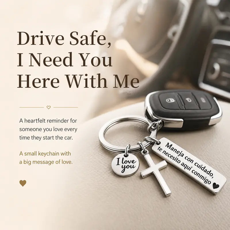 Maneja Con Cuidado Te Necesito Aquí Conmigo Keychain with Cross & "I Love You" Charm