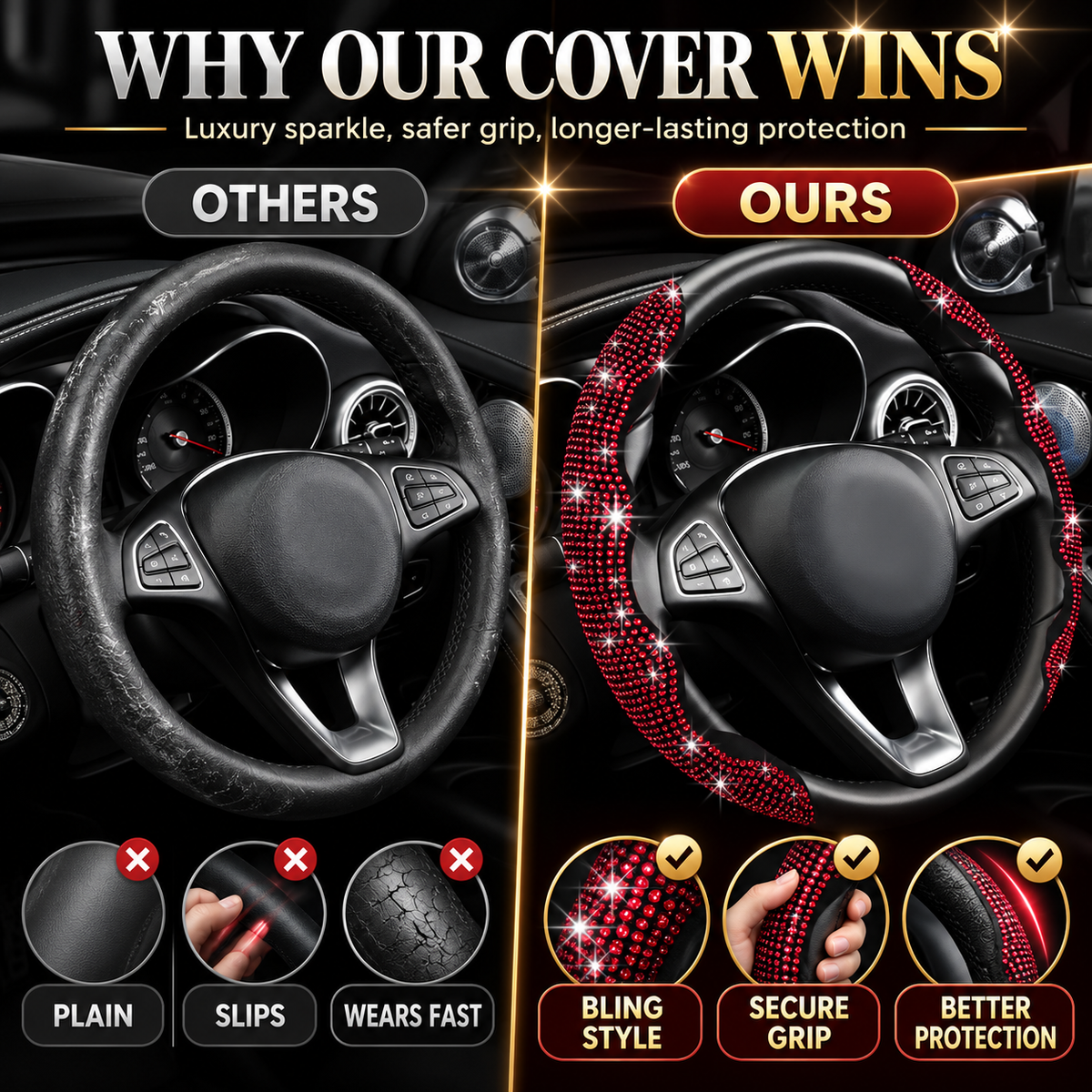 💎 Sparkly Crystal Carbon Fiber Steering Wheel Protection Set 🏎️