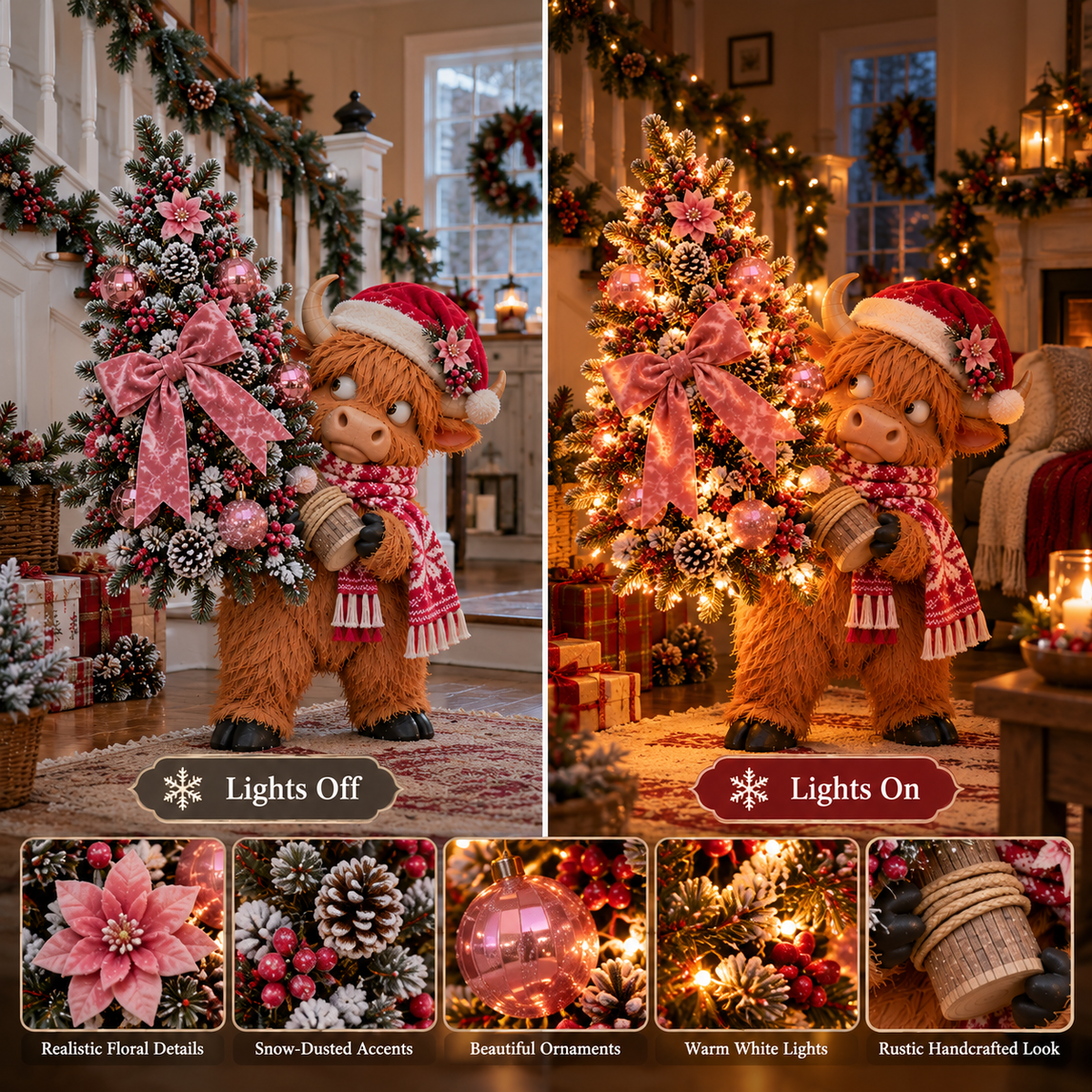 🎄🐮 Pinkmas Tree Bandit™ – Funny Lighted Highland Cow Carrying a Sparkling Pink Christmas Tree, Whimsical Holiday Porch Decor 🎀✨
