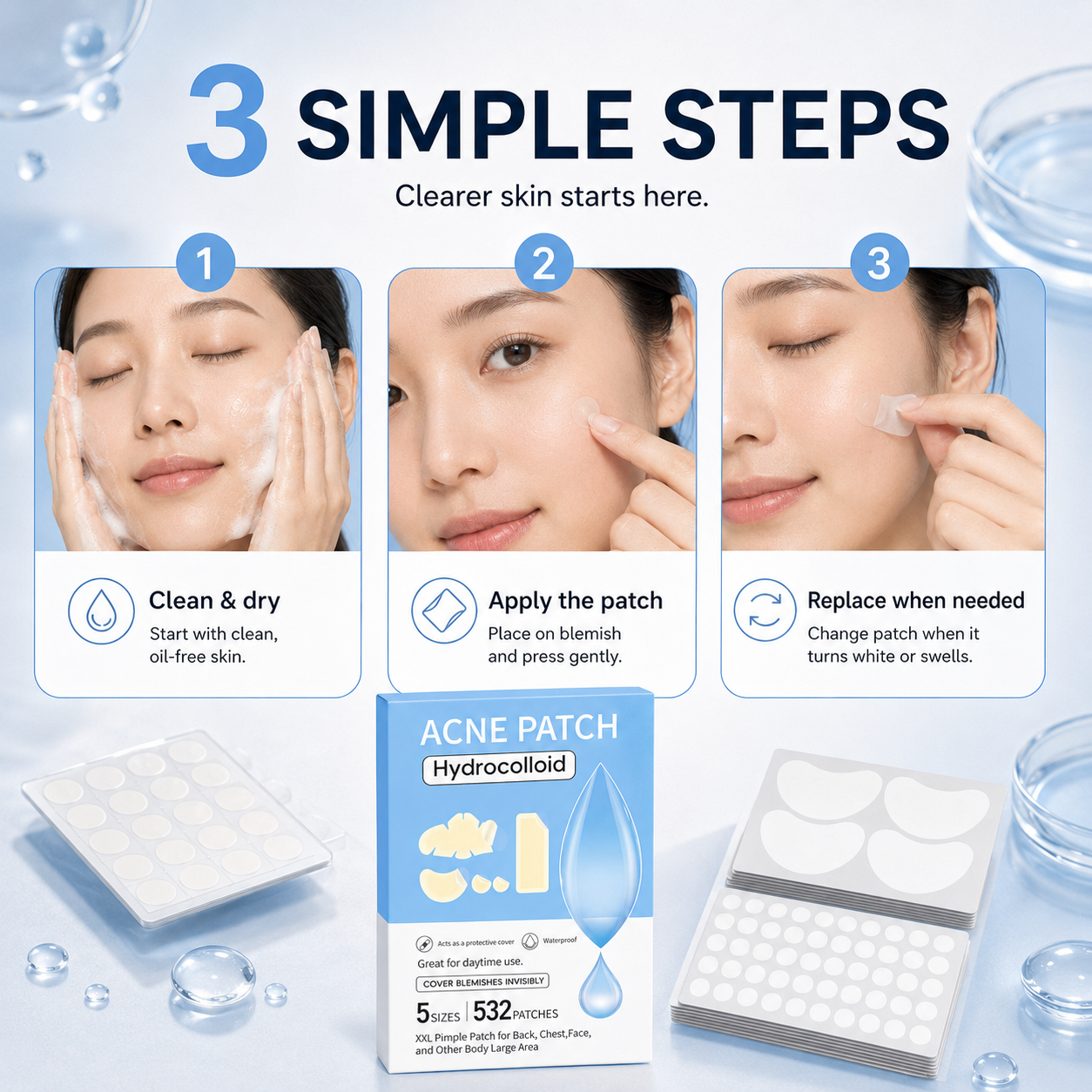 💧 532 PCS Hydrocolloid Acne Patches – Multi-Size Blemish & Spot Absorbing Covers ✨