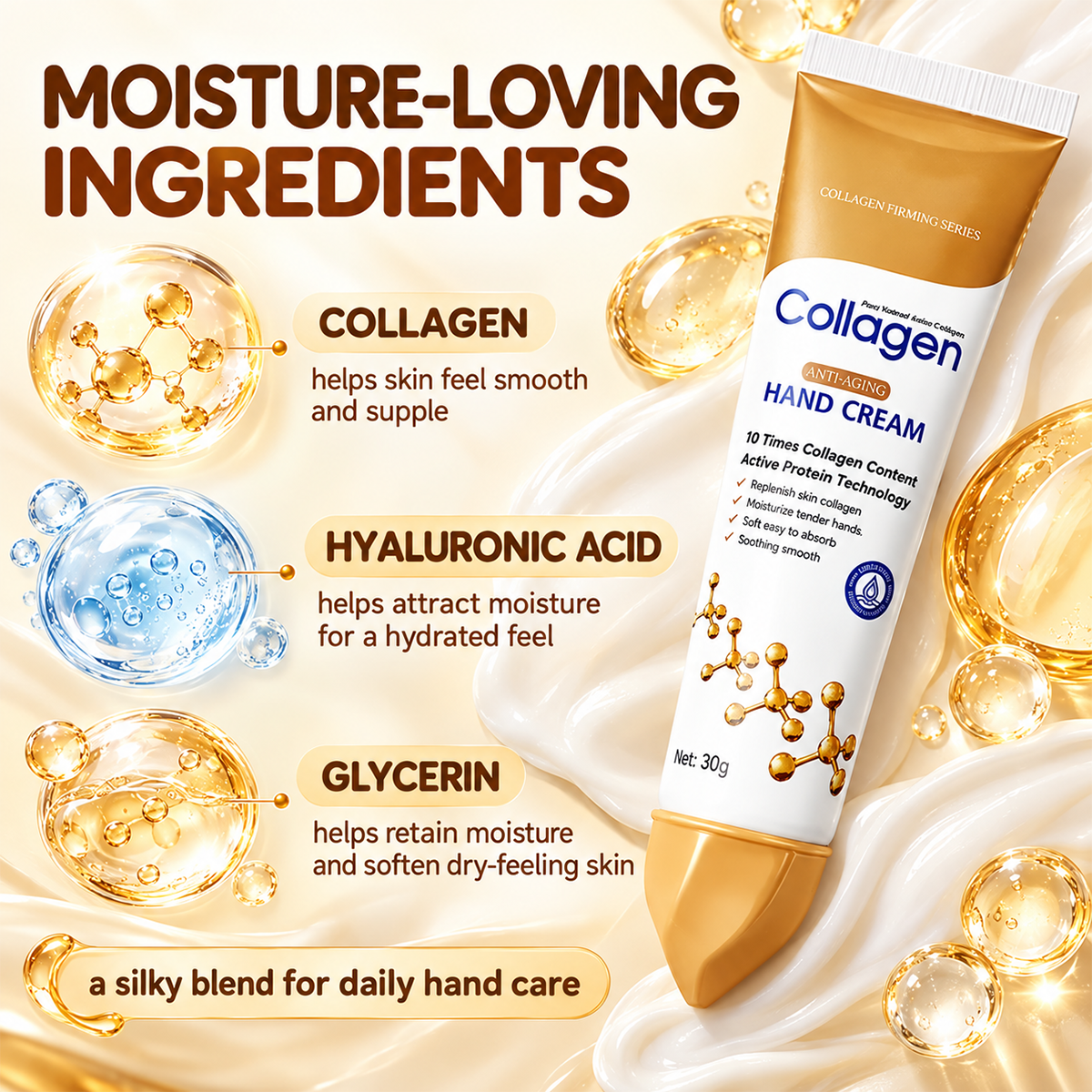Collagen, hyaluronic acid and glycerin highlighted as moisturizing ingredients