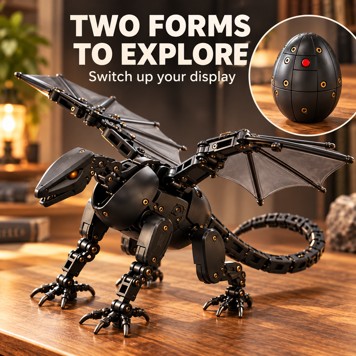 Egg-to-Dragon Transforming Toy – Black & Gold Mechanical Dragon for Play & Display
