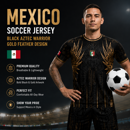 Mexico Soccer Jersey Black Aztec Warrior Gold Feather Design