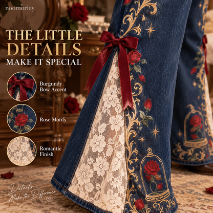 🌹👖 Enchanted Rose – High-Waisted Lace Panel Flare Jeans