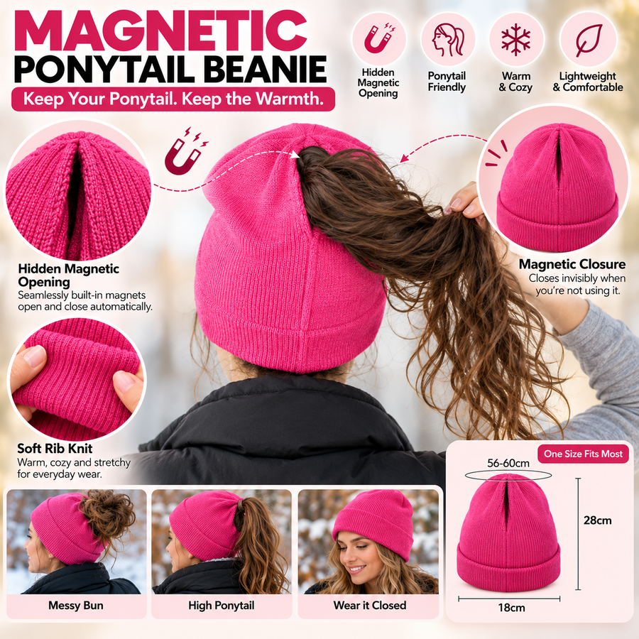 Bright pink magnetic ponytail beanie with the opening and size details illustrated