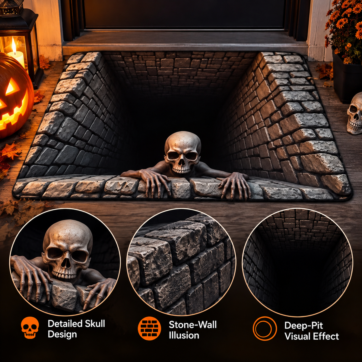 💀 3D Skull Trap Door Illusion Mat – Spooky Halloween Entrance Decor