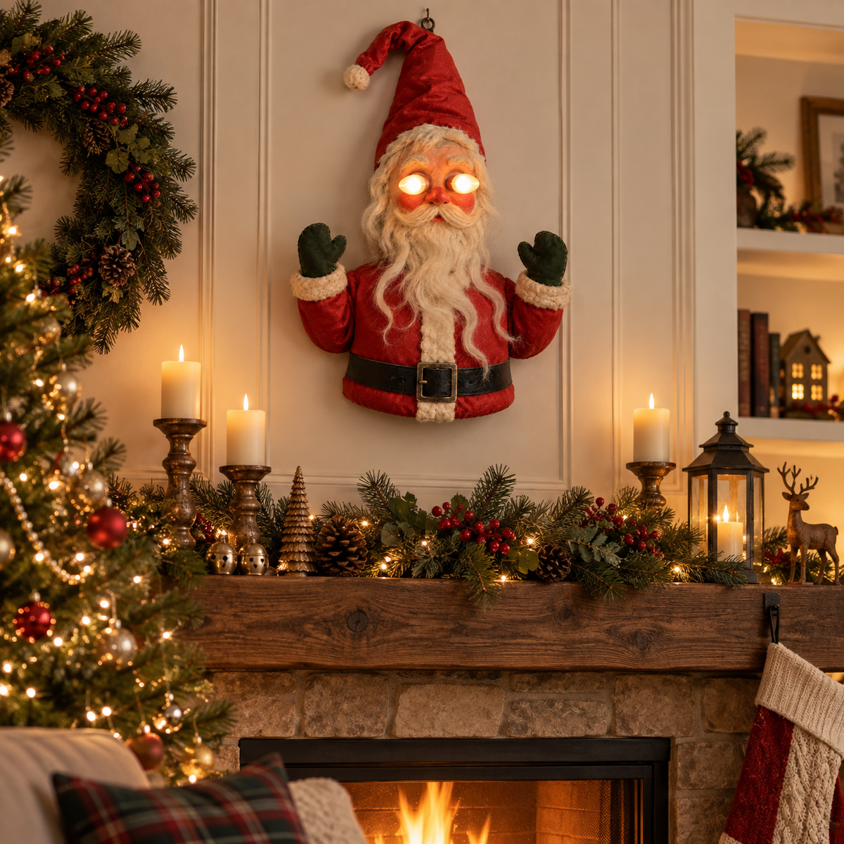 🎅👁️Santa After Dark – Vintage Glowing-Eye Door Guardian