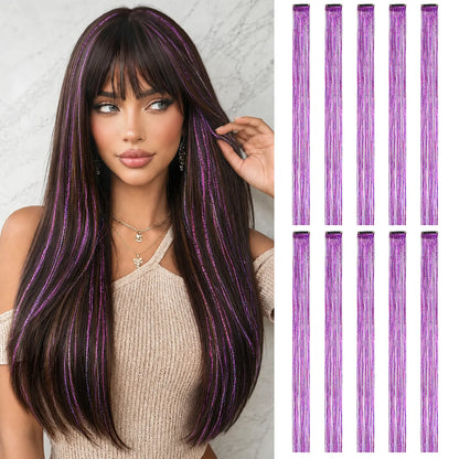 2 PCS Colored Hair Extensions 20Inch Straight Color Clip in Hair Extension Rainbow Party Highlights Synthetic Hairpiece