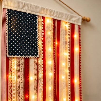 Handcrafted Lighted Rag American Flag Banner | 8 LED Modes | July 4th Patriotic Décor