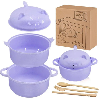 43oz (1300ml) Ergonomic Wheat Straw Microwavable Pig Ramen Cooker Bowl