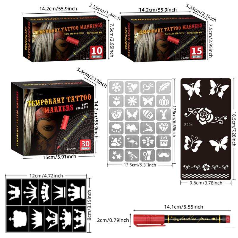 🎃Kosmetik-Tattoo-Marker für die Haut, 10/15/30 leuchtende Farben, flexible Pinselspitze, 30 Farben + 12 Schablonen, hohe Detailgenauigkeit, Gesichts-Make-up für Halloween, ungiftig, Bürobedarf