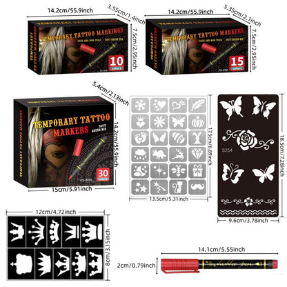 🎃Kosmetik-Tattoo-Marker für die Haut, 10/15/30 leuchtende Farben, flexible Pinselspitze, 30 Farben + 12 Schablonen, hohe Detailgenauigkeit, Gesichts-Make-up für Halloween, ungiftig, Bürobedarf