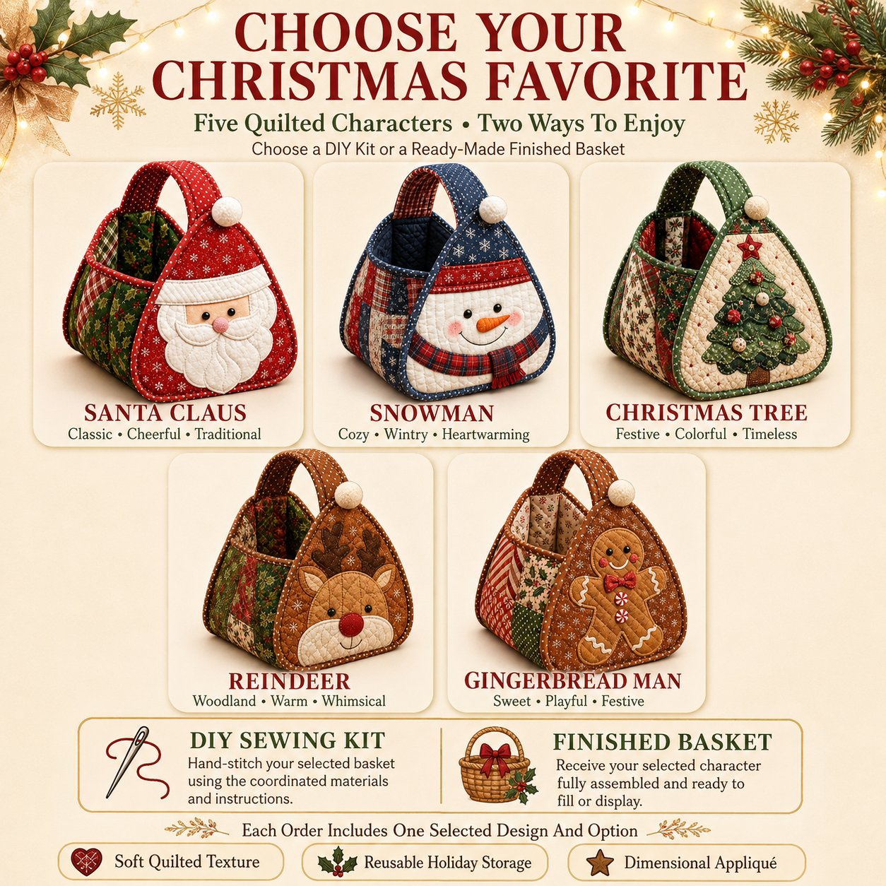 🎄 Christmas Quilted Carry Basket – DIY Sewing Kit & Finished Basket 🎁