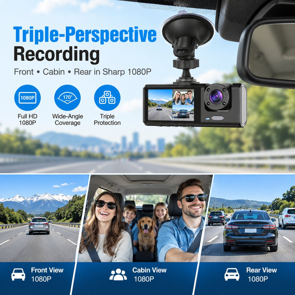 👀Upgraded 360° Protection Dash Cam 🚗 Triple-Lens 1080P Front・Cabin・Rear | WiFi Phone Link – Never Drive Blind Again! 🚗🛡️