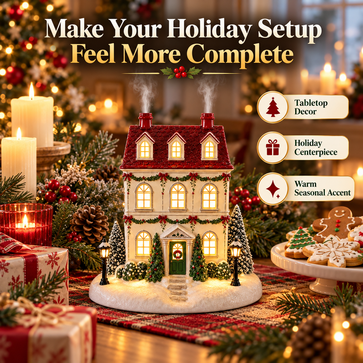 🎄 Christmas House Aroma Diffuser – Warm Light & Gentle Mist Holiday Decor
