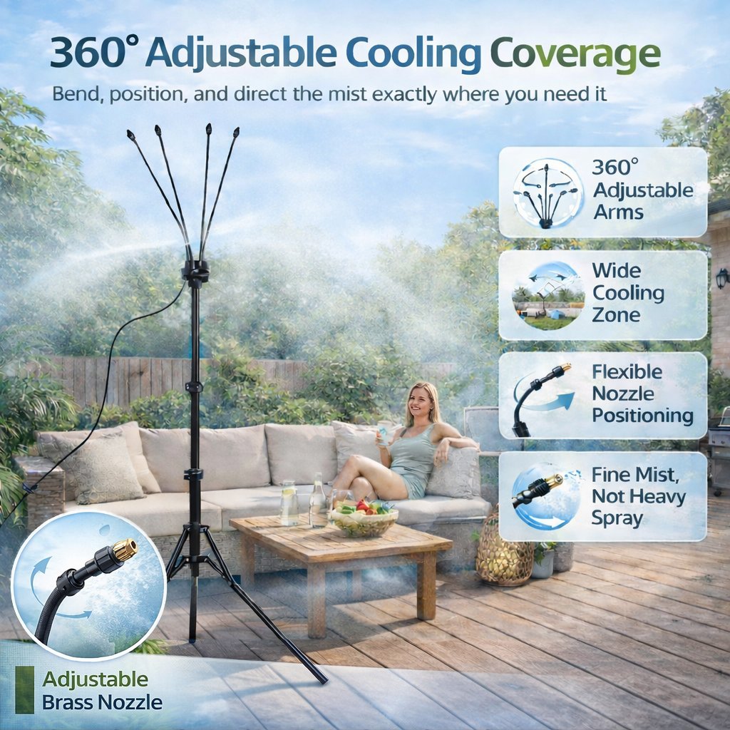 🌡 Portable Misting System: Drop your patio temperature by 20°F instantly without using a single watt of electricity. 🌬️