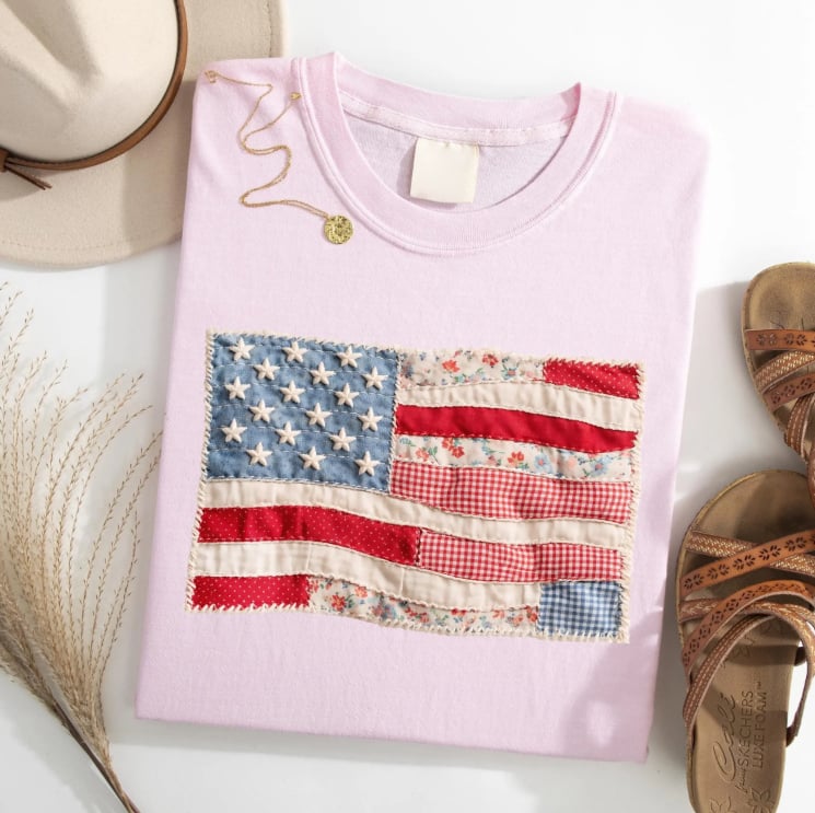 Retro American Flag Shirt, Faux Patchwork USA Tee, Digital Print Shirt, 4th of July Shirt