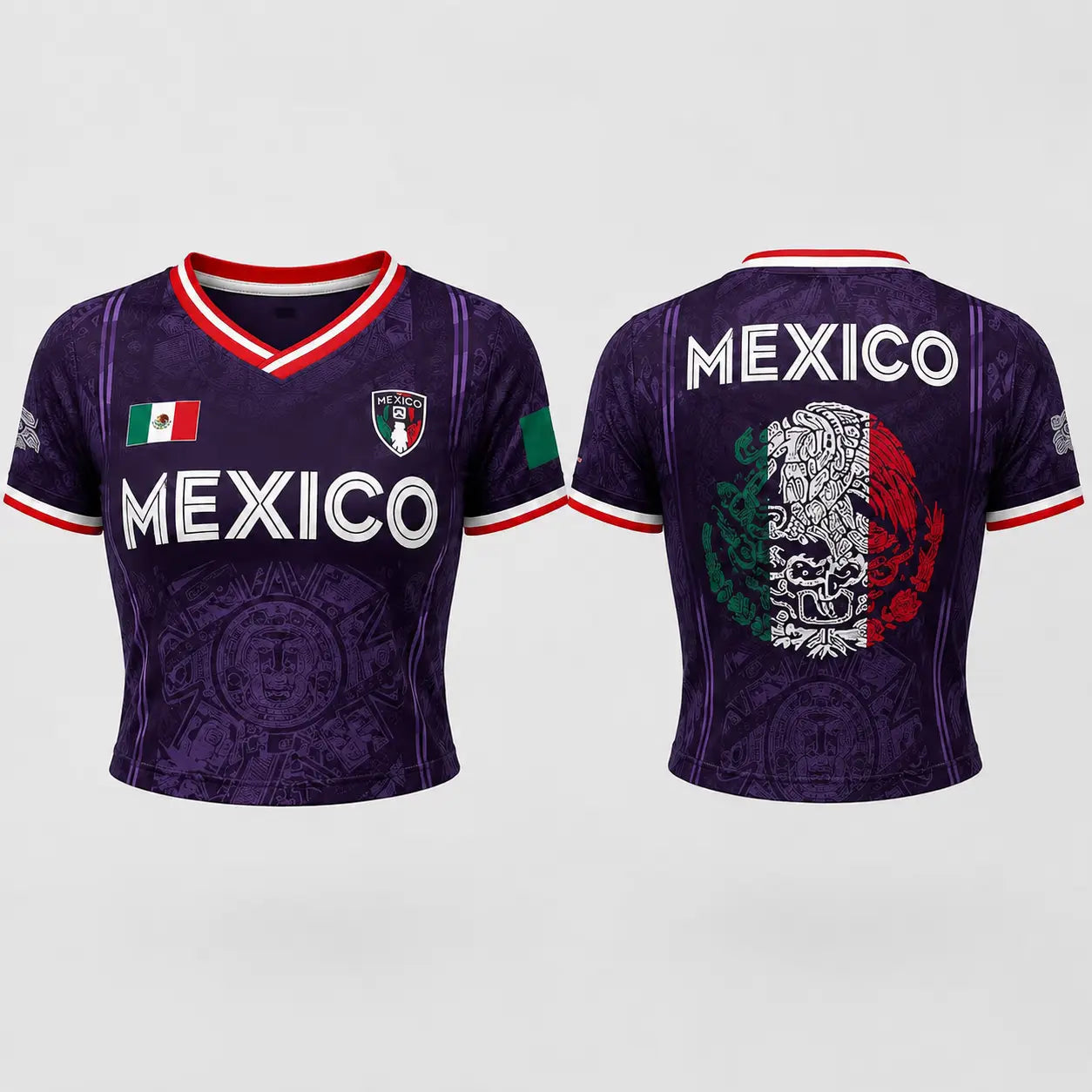 Women's Green V-Neck Football Jersey - Aztec Calendar Pattern Short-Sleeved Fan Top for 5th May Holiday Season