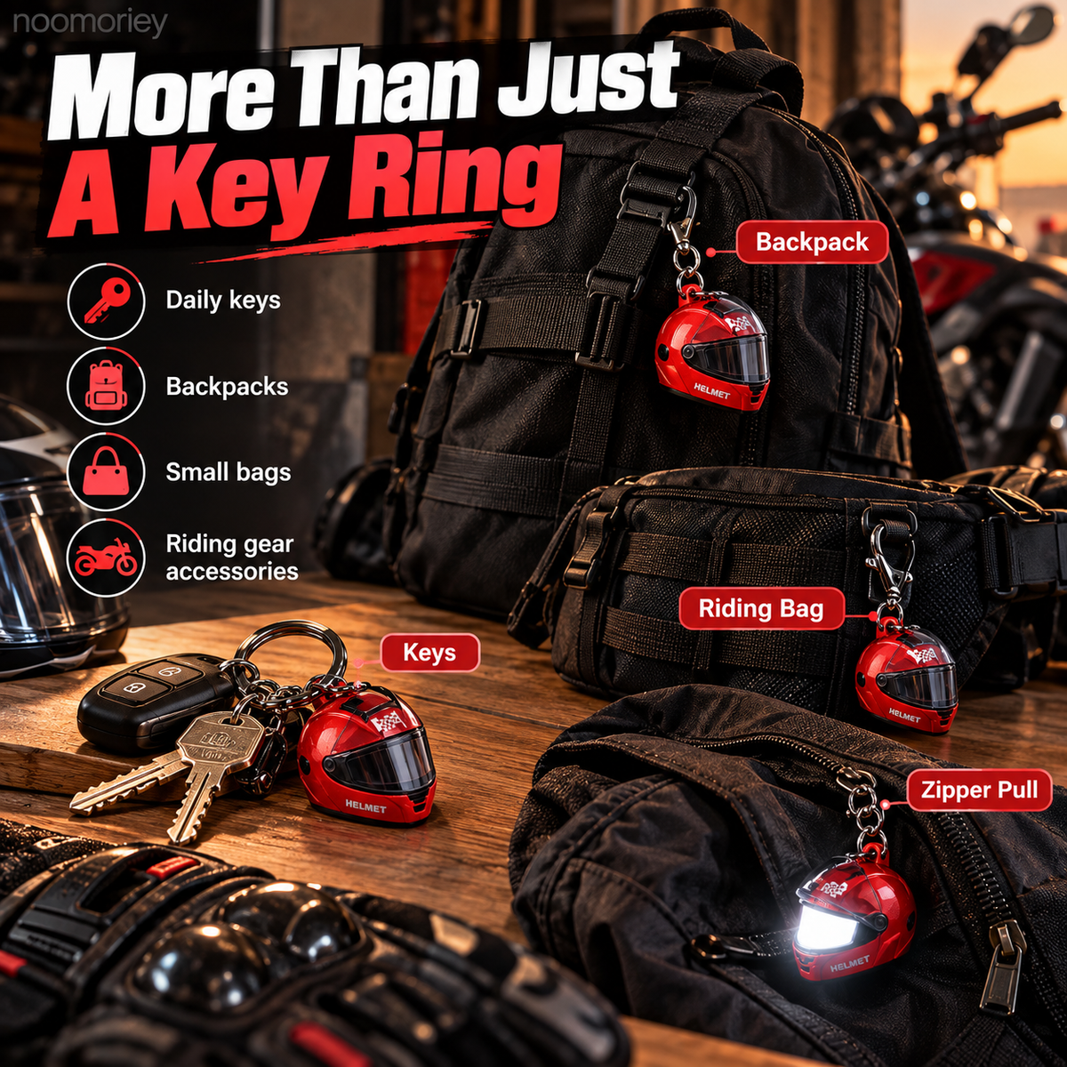 🏍️ Mini Motorcycle Helmet LED Keychain – Light-Up Rider Charm for Keys, Bags & Gifts