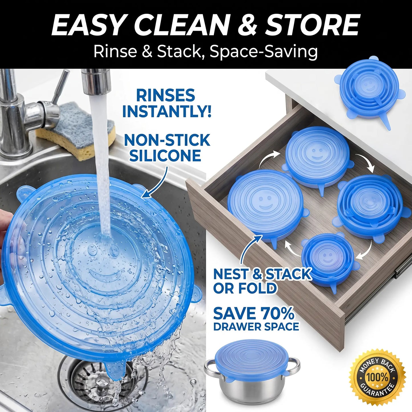 Universal Reusable Silicone Lids 6-Pack Self-Sealing Food Covers