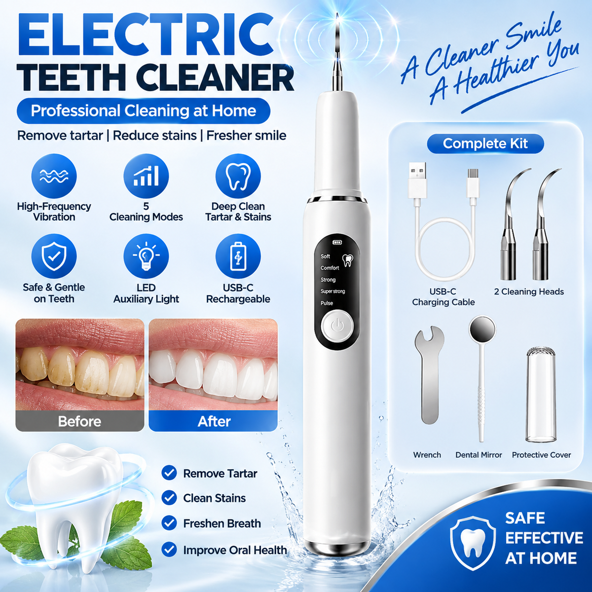 🎁Ultrasonic Plaque and Tartar Remover, Professional Teeth Cleaning Kit (7-Piece Set) — Safe and Gentle💎
