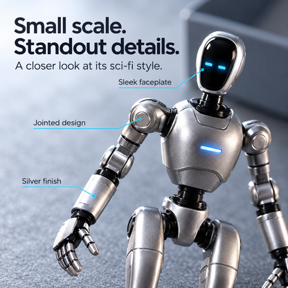 🤖✨ Mini Silver Robot Figure – Poseable Sci-Fi Collectible with Glowing Blue LED Eyes & Chest Light | Futuristic Desk Decor & Gift 🎁
