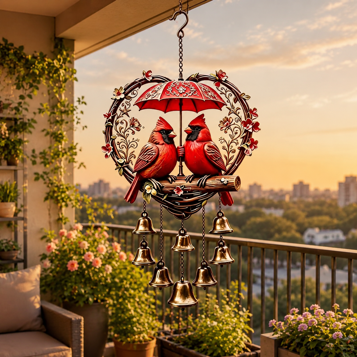 Heart-Shaped Couple Wind Chime – Cardinal & Honeybee Gnome Outdoor Hanging Decor