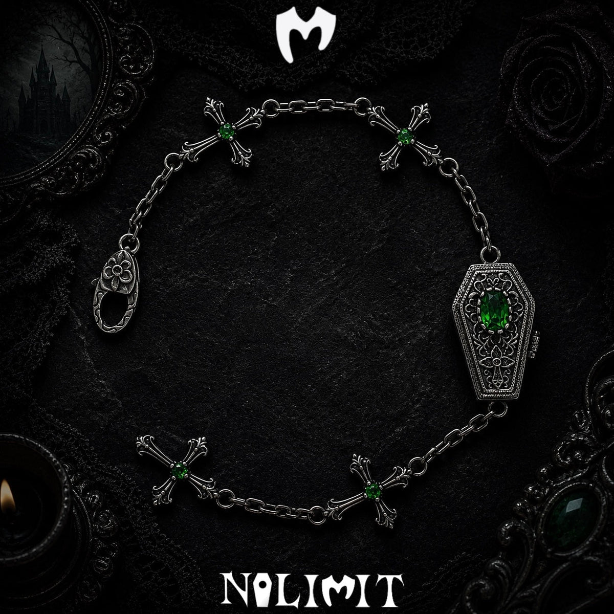 Green sterling silver coffin cross bracelet on a black gothic background