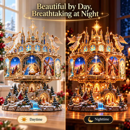🔥LAST DAY 49% OFF✝️✨ Journey of Faith™ – 360° Rotating Lighted Bible Story Nativity Display with Angelic Cathedral & Sacred Scenes