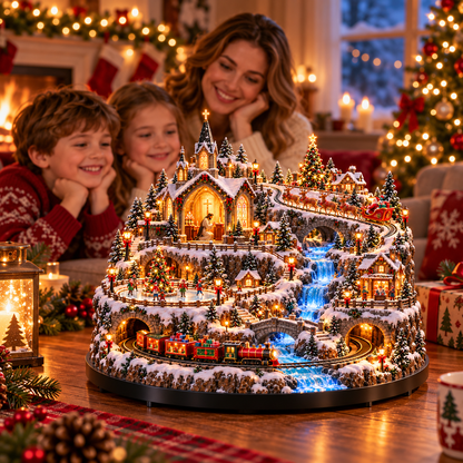 Lighted Animated Christmas Village with Train, Reindeer Sleigh & Waterfall ✨