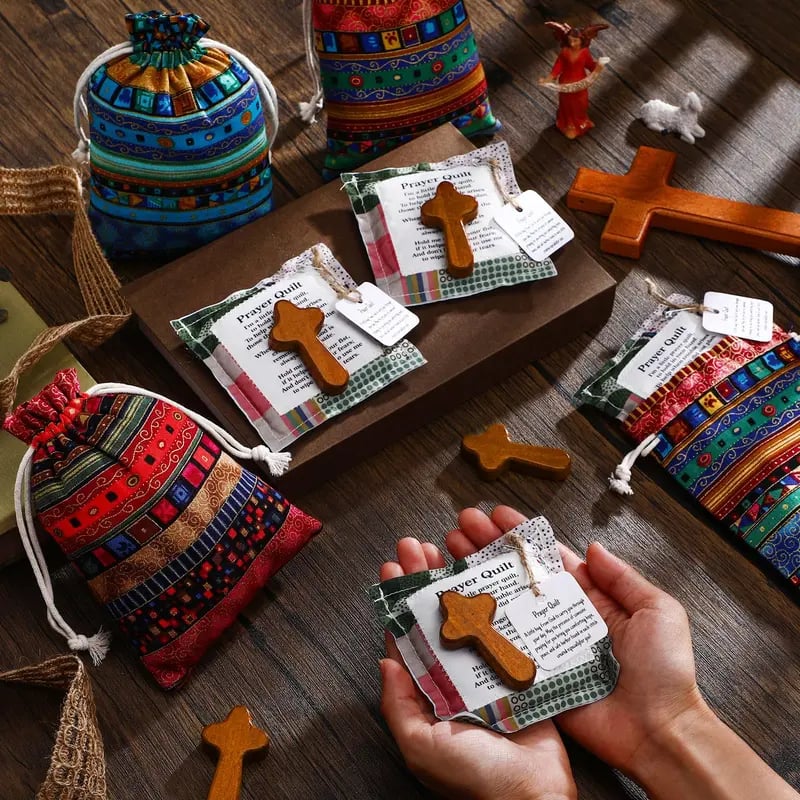 🎁Pocket Prayer Quilt Set | Mini Handmade Prayer Blankets with Cross & Drawstring Bag Christian Gifts✝️🎁