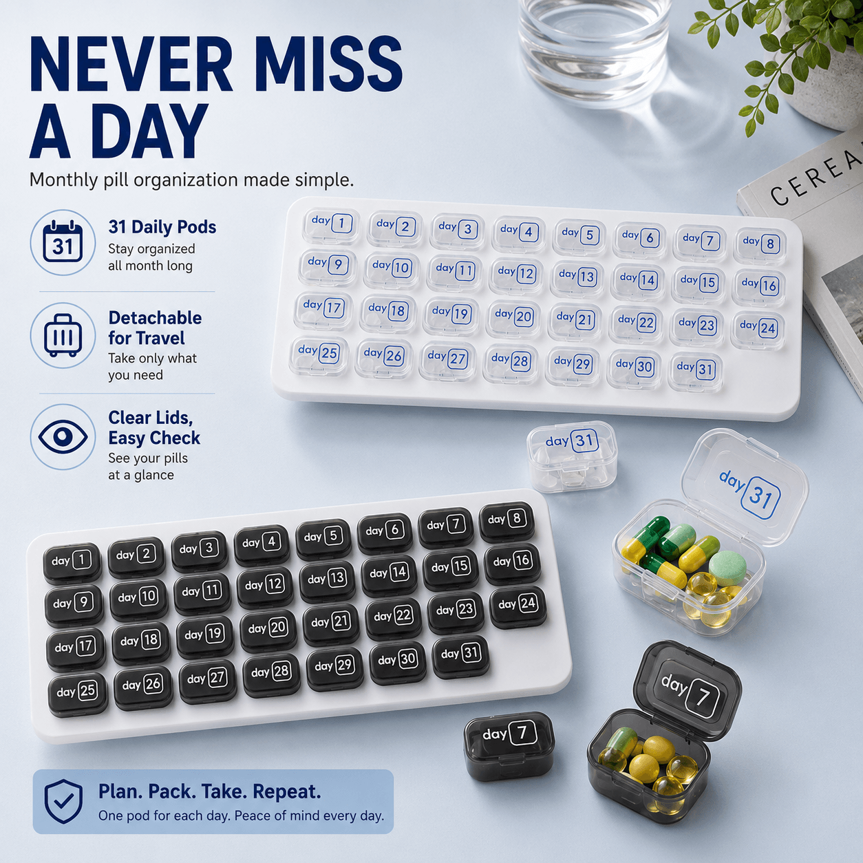 31-Day Pill Organizer Tray – Monthly Medication & Vitamin Tracker for Daily Wellness