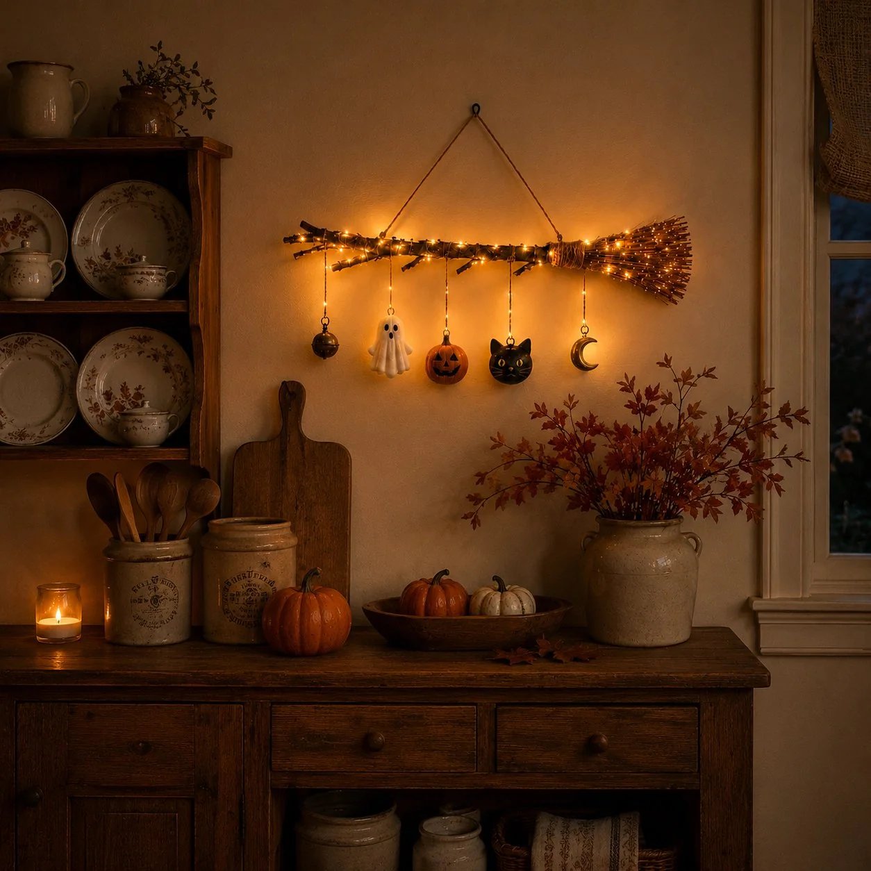 🍂 Rustic Twig Lighted Broom | Handcrafted Fall Wall Hanging with Warm LED Glow & Spooky-Cute Charms 🏡