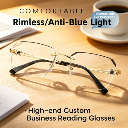 Frameless Blue Blocking Reading Glasses, Ultra-Light Metal Build, Blue Light Defense for Focused Work, Gaming & Everyday Wear