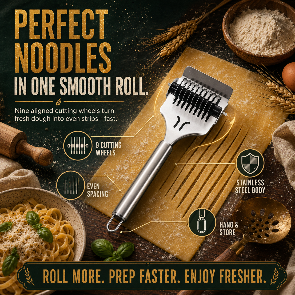 🍝 Stainless Steel 9-Wheel Adjustable Pasta Cutter – Fast & Even Homemade Noodles ✨