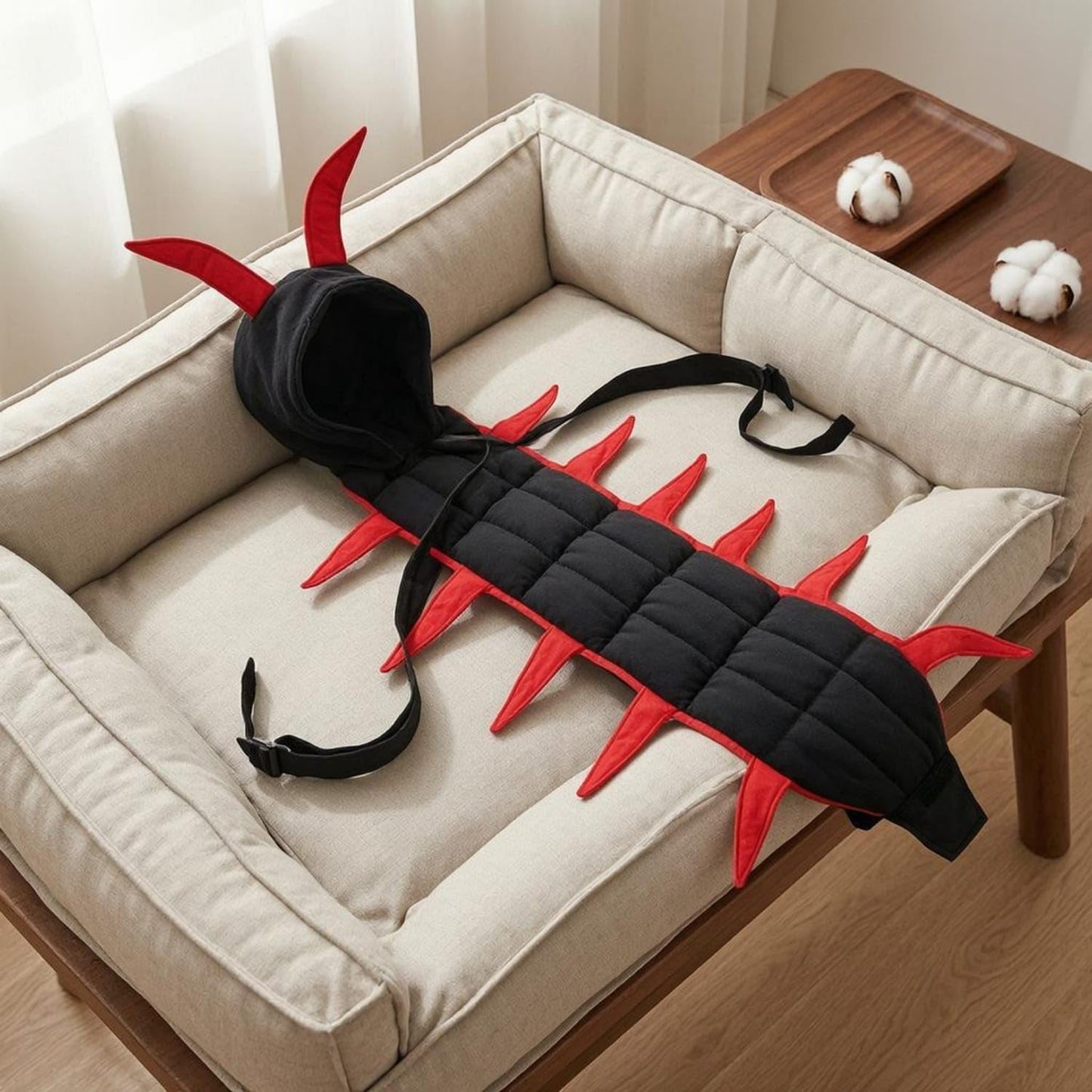 Polyester Centipede Cat Costume Red Trim Padded Cat Costume Quilted Devil Cape Cloak Black