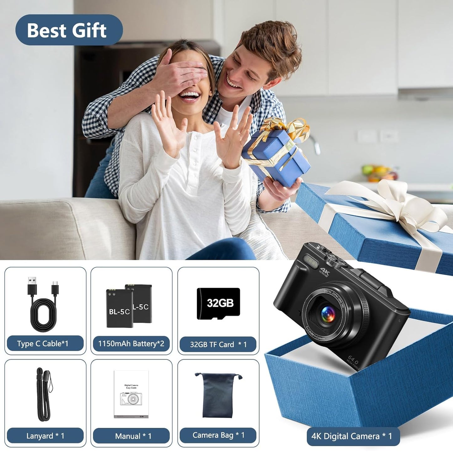4K Digital Camera for Photography with 64MP