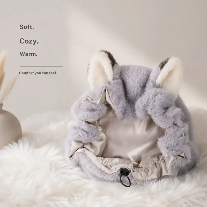 Brand Original Fox Ear Design Plush Satin Hair Bonnet for Sleeping