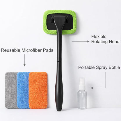 Car Inside Windshield Cleaning Tool with 4 Washable and Reusable Microfiber Pads