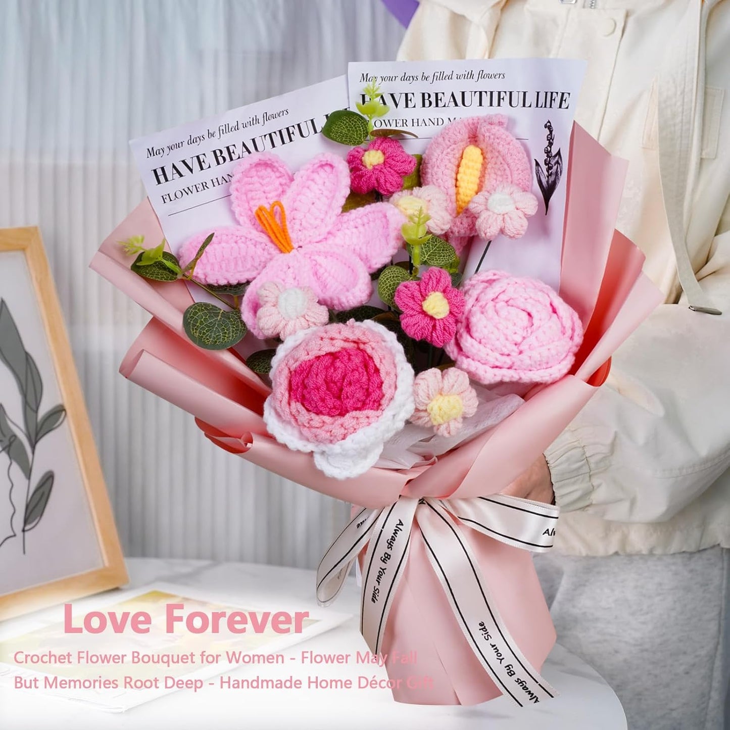 🌸 Handcrafted Crochet Pink Lily & Rose Bouquet – Timeless Blooms That Never Fade