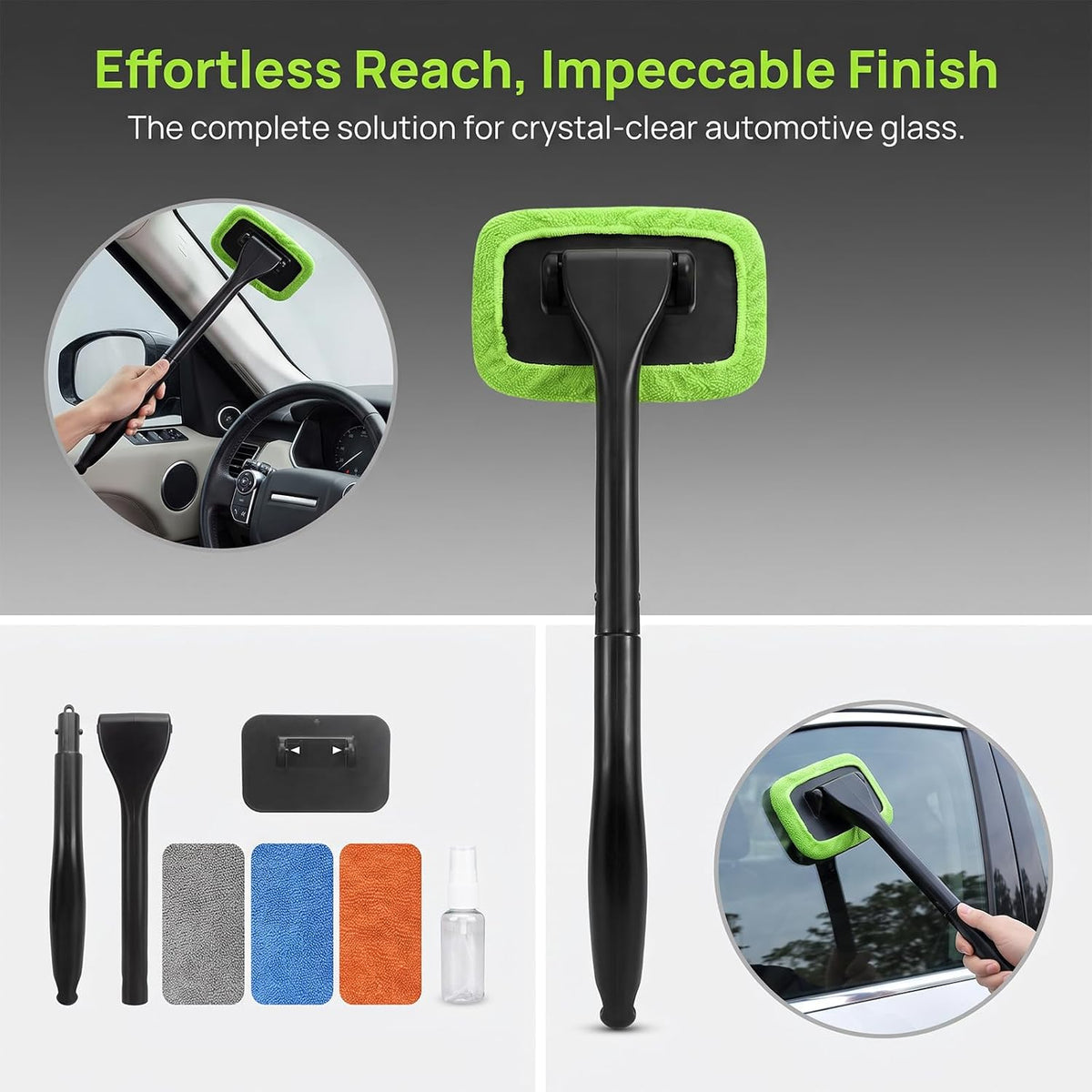 Car Inside Windshield Cleaning Tool with 4 Washable and Reusable Microfiber Pads