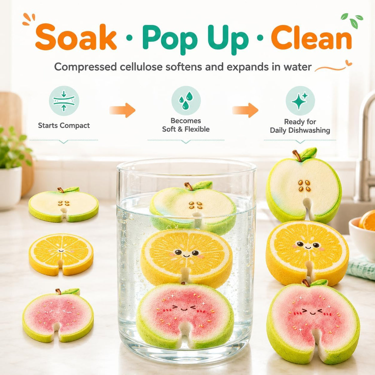 🔥HOT SALE💥 Compressed Cellulose Sponges - 3-Pack Fruit-Shaped Natural Pop-Up Kitchen Sponges🧽