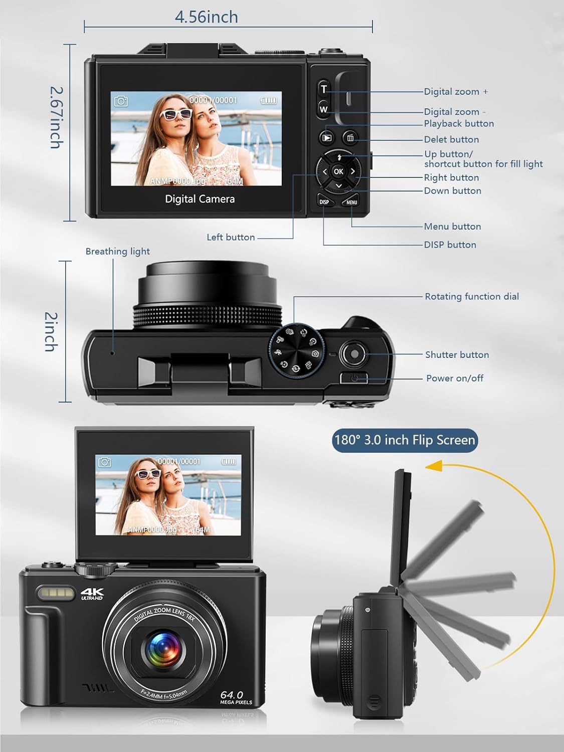 4K Digital Camera for Photography with 64MP