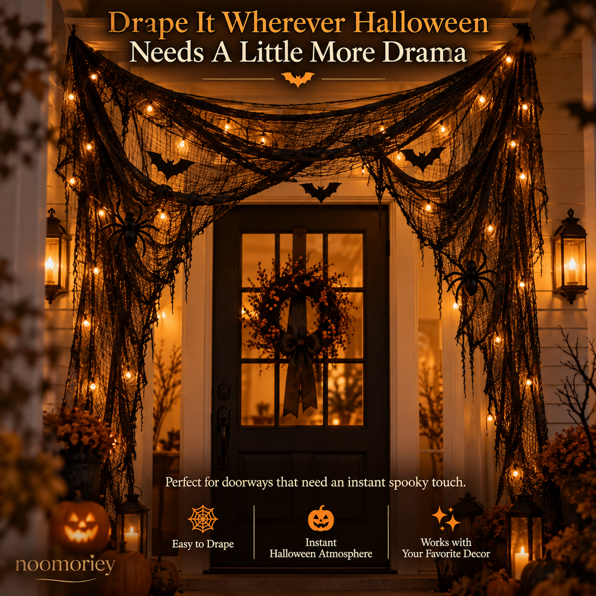 🎃 Halloween Creepy Cloth – Black Gauze Spiderweb Draping for Doorways, Stairs & Party Décor