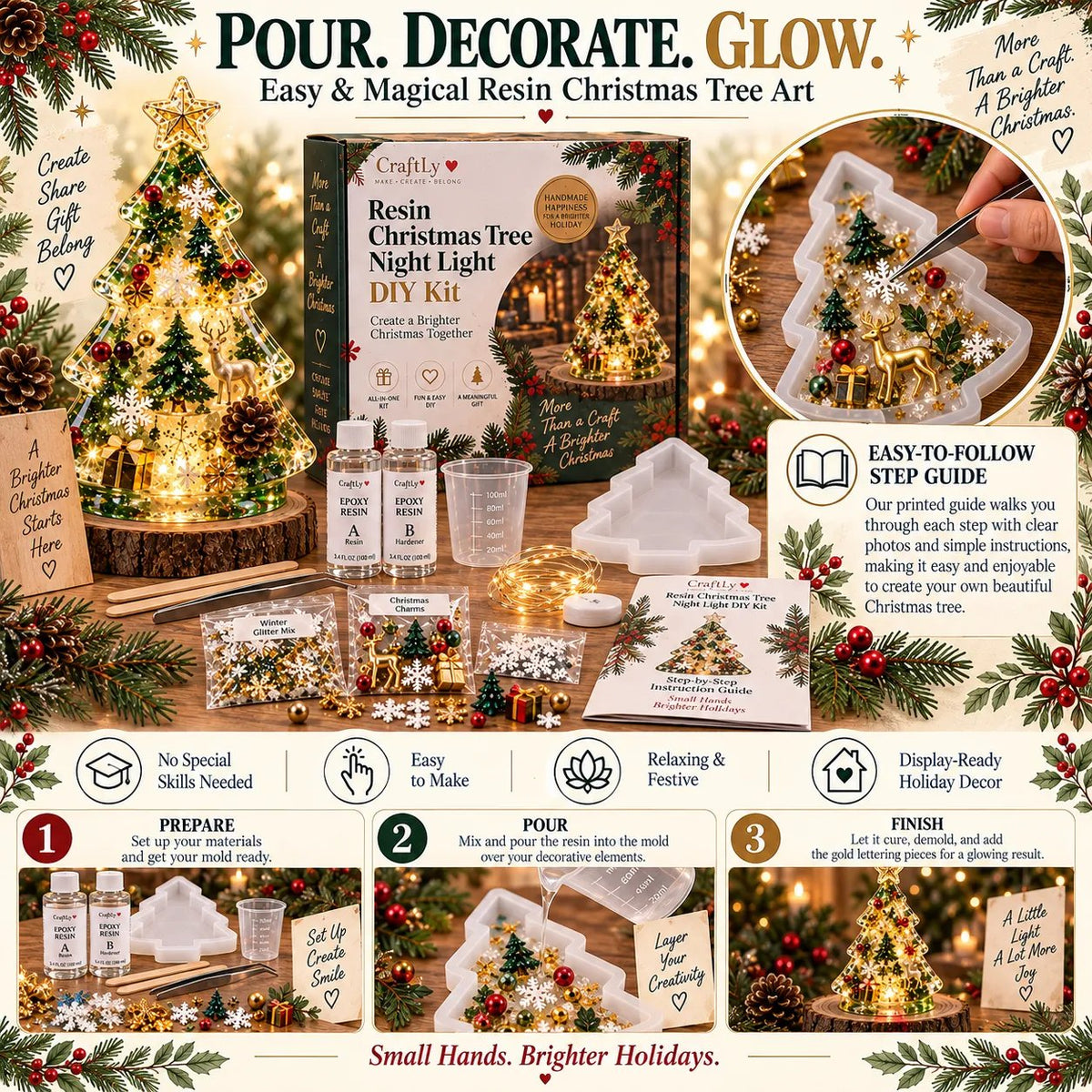 🔥HOT SALE🔥🎄Beginner-Friendly Resin Christmas Tree Night Light DIY Kit | Complete Kit with Mold, Resin, Fairy Lights & Festive Decorations ✨