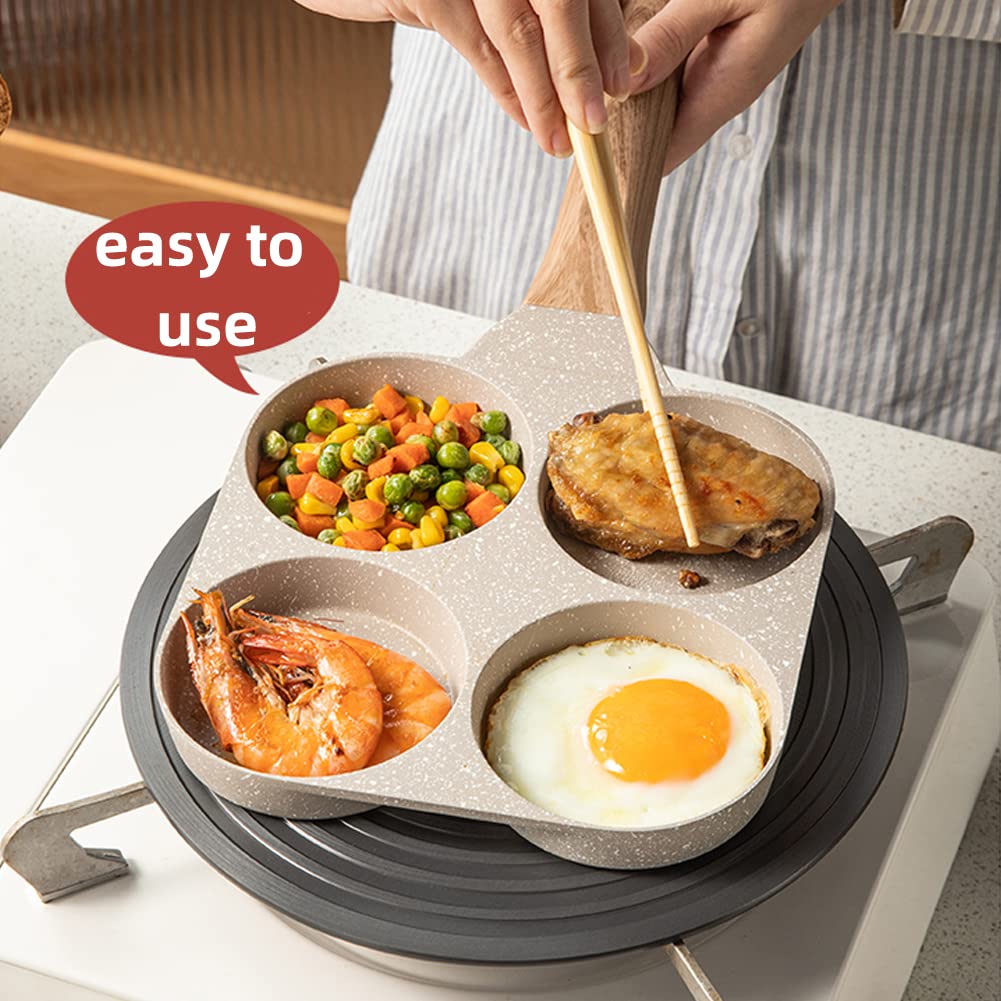 🍳 Multifunctional 4-Hole Pan with Wooden Handle – Perfect for Eggs, Pancakes & Mini Pancakes