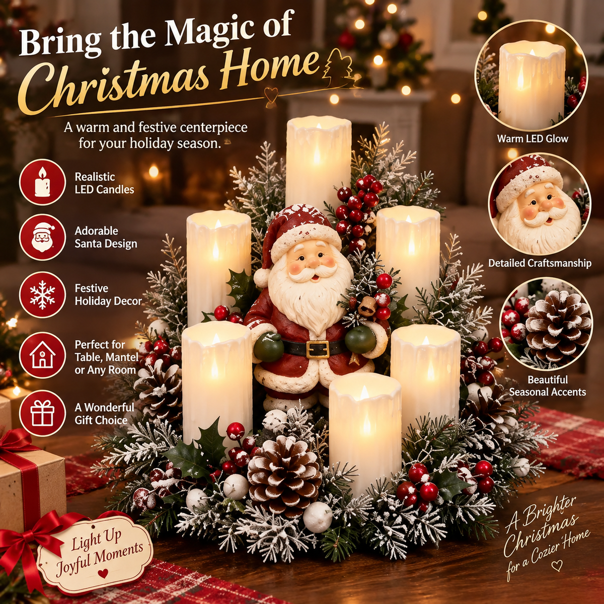 🎄 Christmas Reindeer Candle Centerpiece – Peace, Joy & Love Holiday Table Decor