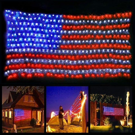 🇺🇸💥Solar American Flag LED Net Lights-420 LEDs, 6.5×3.3 ft