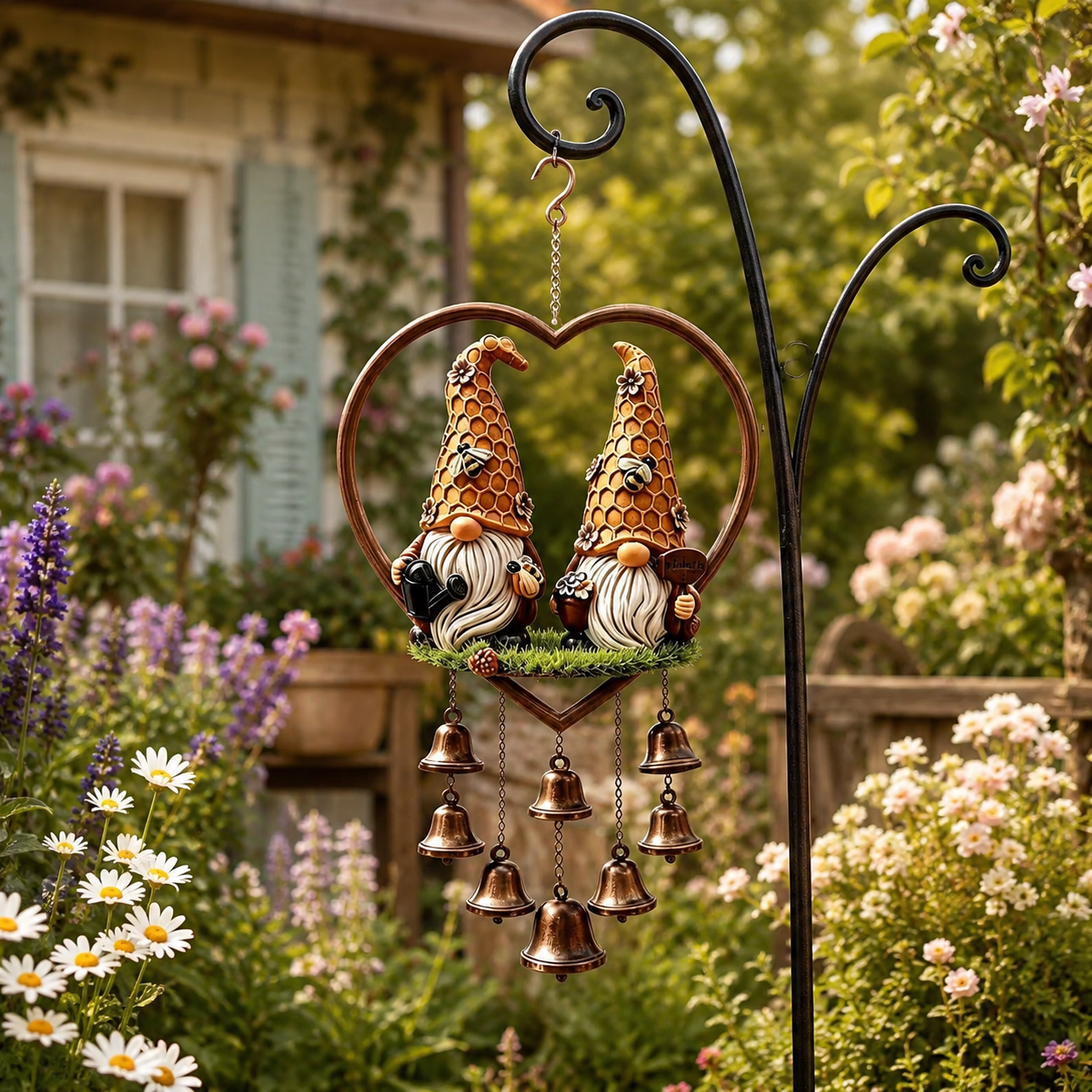 Heart-Shaped Couple Wind Chime – Cardinal & Honeybee Gnome Outdoor Hanging Decor